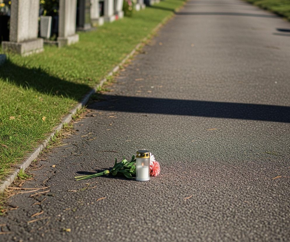 Na pierwszym planie, w dolnej części obrazu, na ciemnym asfalcie leży niewielki bukiet kwiatów oraz znicz. Kwiaty, widoczne w odcieniach zieleni liści i jasnego różu pojedynczego kwiatu, leżą na wprost znicza, który płonie delikatnym, żółto-pomarańczowym płomieniem w białej, przezroczystej obudowie ze złotym wieczkiem. Asfaltowa droga ciągnie się przez środek kadru, lekko zbiegając się w kierunku odległego horyzontu, a po jej lewej stronie znajduje się pas zielonej trawy, wzdłuż którego ustawione są rzędy szarych nagrobków. Nagrobki są częściowo zacienione, rzucając wydłużone cienie na trawę i drogę, natomiast prawa strona drogi pozostaje dobrze oświetlona.