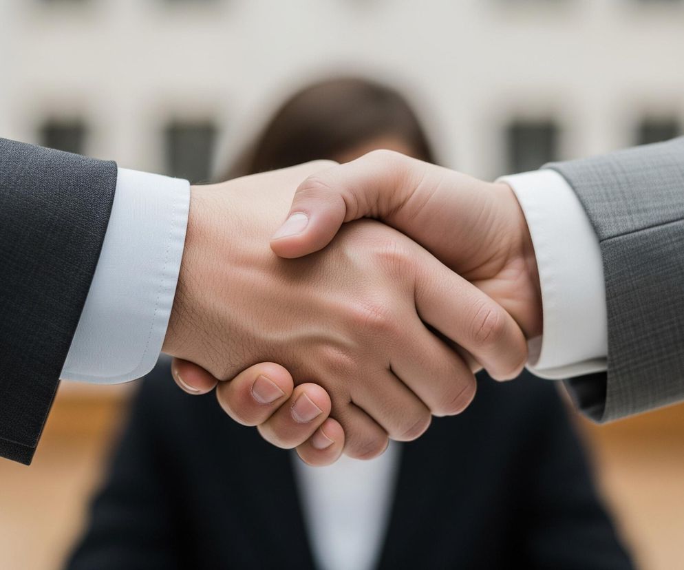 Dwie osoby ściskają sobie dłonie, z bliska widać tylko przedramiona i dłonie. Lewe przedramię ubrane jest w ciemny garnitur i białą koszulę, prawy rękaw garnituru ma widoczne czarne guziki. Prawe przedramię nosi szary garnitur i białą koszulę. Tłem jest niewyraźna postać z ciemnymi włosami, siedząca na krześle, oraz jasne, rozmyte wnętrze z brązowymi akcentami.