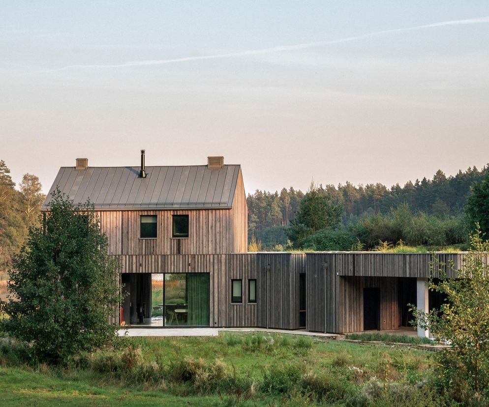 Nowoczesny dom jednorodzinny IFAgroup na Kociewiu, z drewnianą elewacją i dwuspadowym dachem, otoczony zielenią i lasem, jest przykładem pokornej architektury, o której przeczytasz na Architektura Murator Plus.