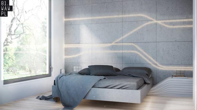 Projekt beton na ścianie w sypialni