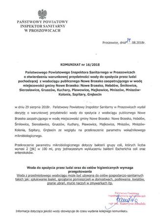 Komunikat Państwowego Powiatowego Inspektora Sanitarnego w Proszowicach z dnia 29 sierpnia 2018