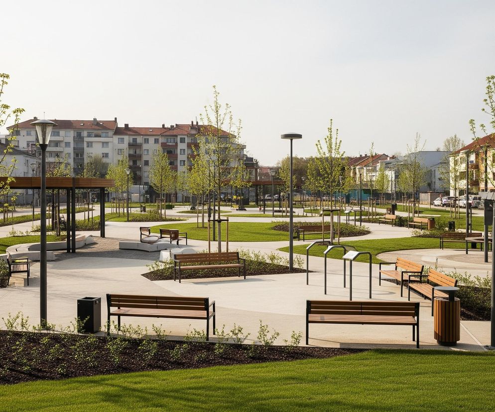 Nowoczesny park miejski rozciąga się pod jasnym, częściowo zachmurzonym niebem. Na pierwszym planie i w centrum kadru dominują szerokie, jasne ścieżki z betonu, wijące się wśród trawników o intensywnie zielonej barwie. Wzdłuż ścieżek rozmieszczono liczne drewniane ławki z metalowymi elementami, a także nowoczesne, ciemne latarnie. Pomiędzy ścieżkami znajdują się kępy młodych drzew z jasnozielonymi, świeżymi liśćmi, otoczone ciemną ziemią z młodymi krzewami. W tle widać rzędy budynków mieszkalnych o jasnych elewacjach i czerwonych dachach.