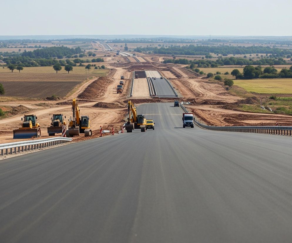 Długa, szeroka, nowo wybudowana droga rozciąga się w głąb kadru, tworząc wyraźną linię podziału. Po lewej stronie jezdni widoczne są ciężkie maszyny budowlane, w tym cztery żółte koparki gąsienicowe oraz dwa spychacze, ustawione wzdłuż pasa ziemi. Naprzeciwko nich, po prawej stronie drogi, również znajduje się sprzęt budowlany i ciężarówka. Obie strony drogi są otoczone brązową, świeżo rozkopaną ziemią, która przechodzi w daleki, zielono-brązowy krajobraz z rozproszonymi drzewami i polami uprawnymi pod jasnym, bezchmurnym niebem.