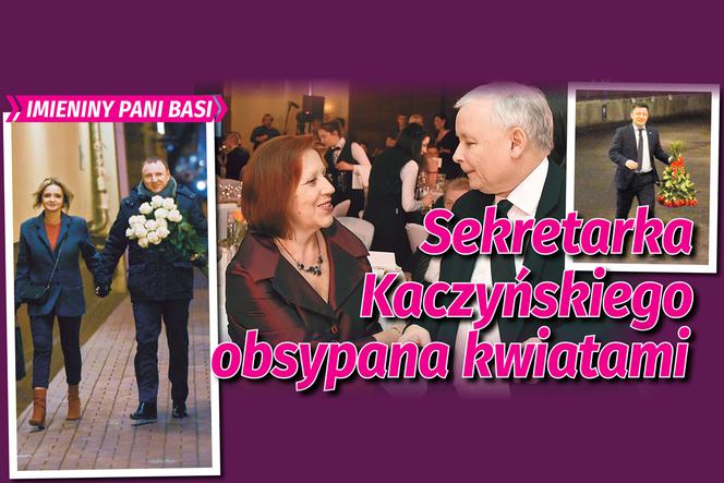 Sekretarka Kaczyńskiego obsypana kwiatami
