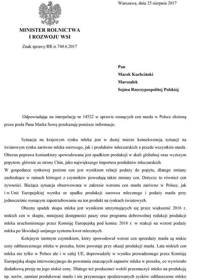Odpowiedź ministra Krzysztofa Jurgiela