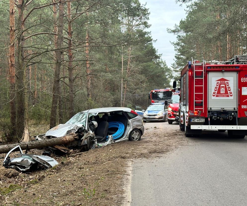 Poważny wypadek pod Wyszkowem. Kierowca wjechał prosto w drzewo