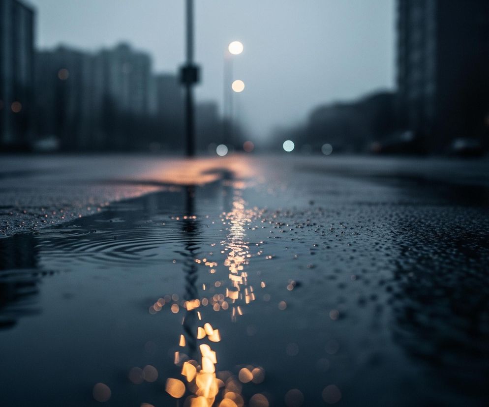 Mokry asfalt z kałużą odbija światła ulicznych latarni oraz czerwone światła samochodów. Kropelki wody i drobne fale na powierzchni kałuży tworzą rozmyte, pomarańczowo-białe refleksy światła, które rozciągają się w głąb obrazu. W tle widoczne są niewyraźne sylwetki budynków i słupów, a także rozmyte, jasne punkty świateł ulicznych i czerwonych świateł tylnych pojazdów. Całość utrzymana jest w chłodnej tonacji granatu i szarości, z ciepłymi akcentami pomarańczowo-czerwonych świateł.