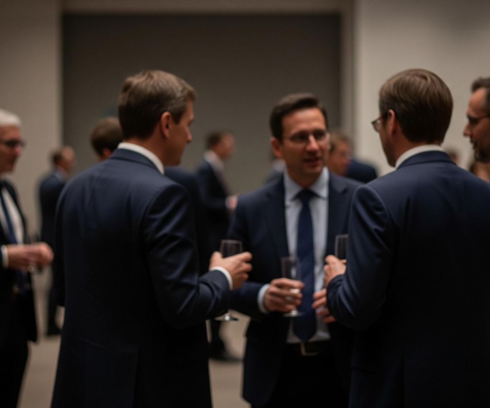 Pięciu mężczyzn w ciemnych garniturach i białych koszulach, z krawatami, stoi w skupionej grupie w centralnej części kadru, rozmawiając. Trzech z nich trzyma w dłoniach kieliszki na nóżkach, wypełnione jasnym płynem. Tło jest rozmyte, ukazując inne postacie oraz jasne ściany pomieszczenia. Dominują ciemne odcienie granatu i szarości, kontrastujące z bielą koszul.