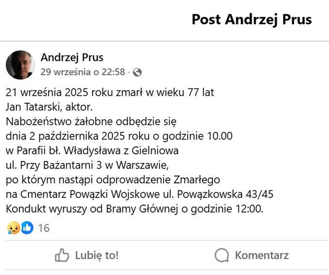 Jan Tatarski nie żyje