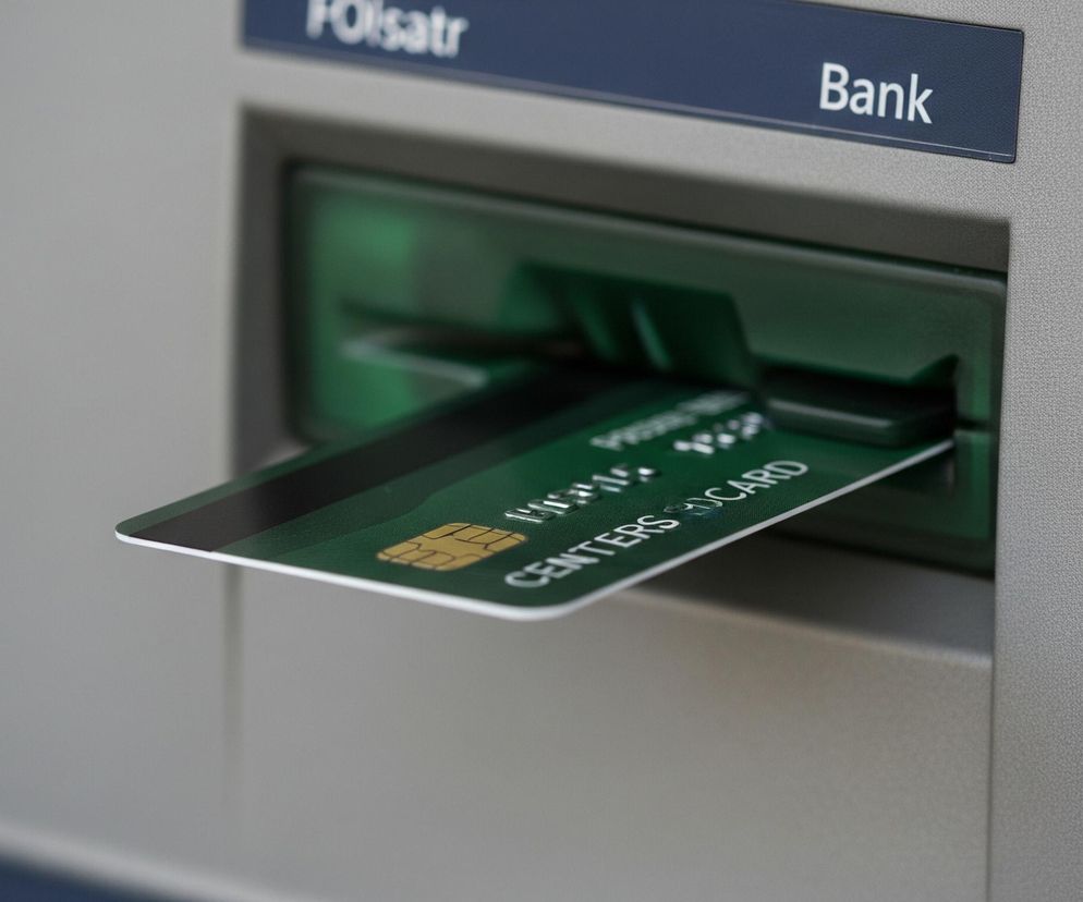 Zielona karta płatnicza wsuwana do szczeliny bankomatu z napisem Bank, co symbolizuje zagrożenie skimmingiem i utratą pieniędzy z konta. Artykuł na Super Biznes informuje o metodach złodziei i ochronie przed kradzieżą danych.