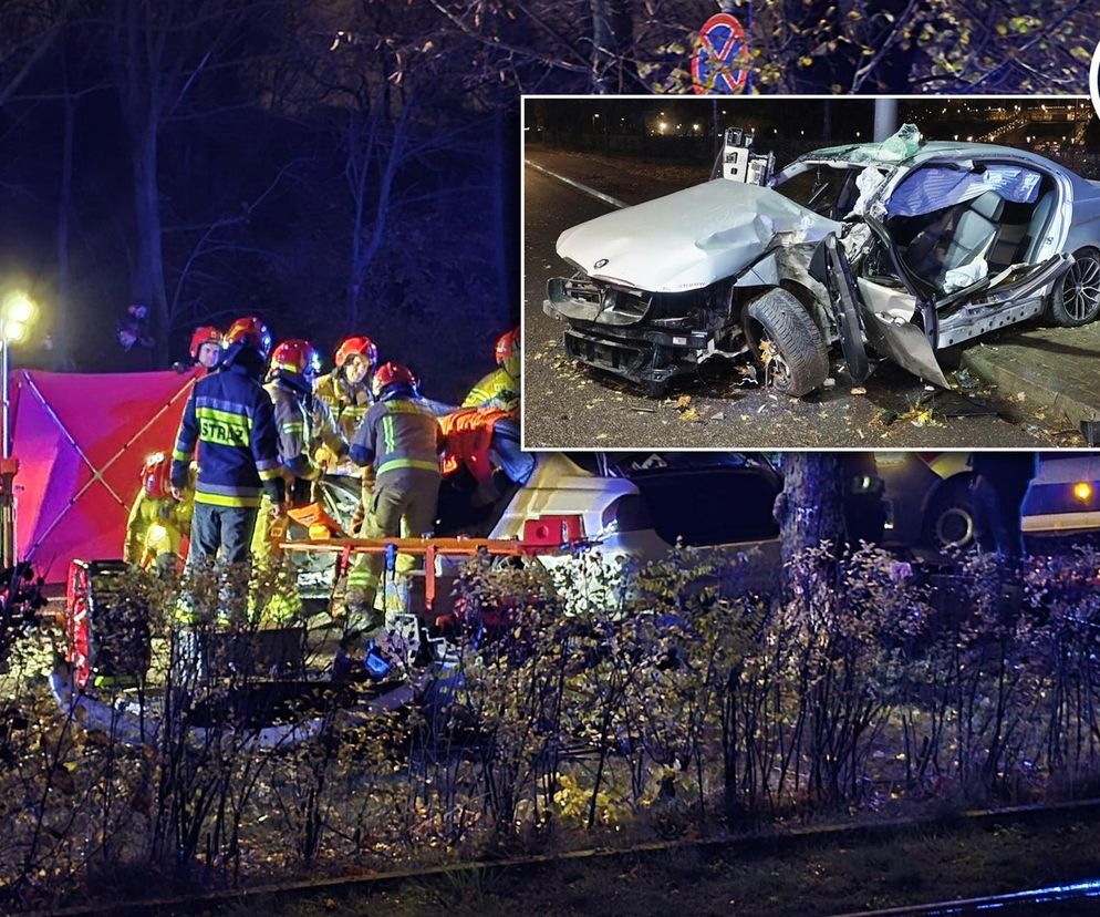 Potworny wypadek w Warszawie. BMW roztrzaskane o drzewo, kierowca zakleszczony