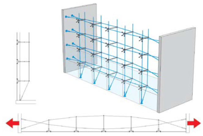 Konstrukcja prętowo-cięgnowa z zastosowaniem cięgien ze stalowych linek - poziomy układ wiązarów