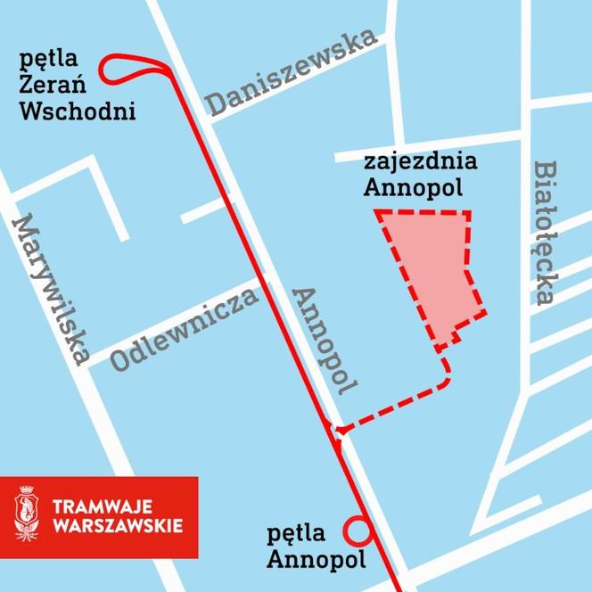 mapa z lokalizacją zajezdni tramwajowej Annopol na Białołęce w Warszawie