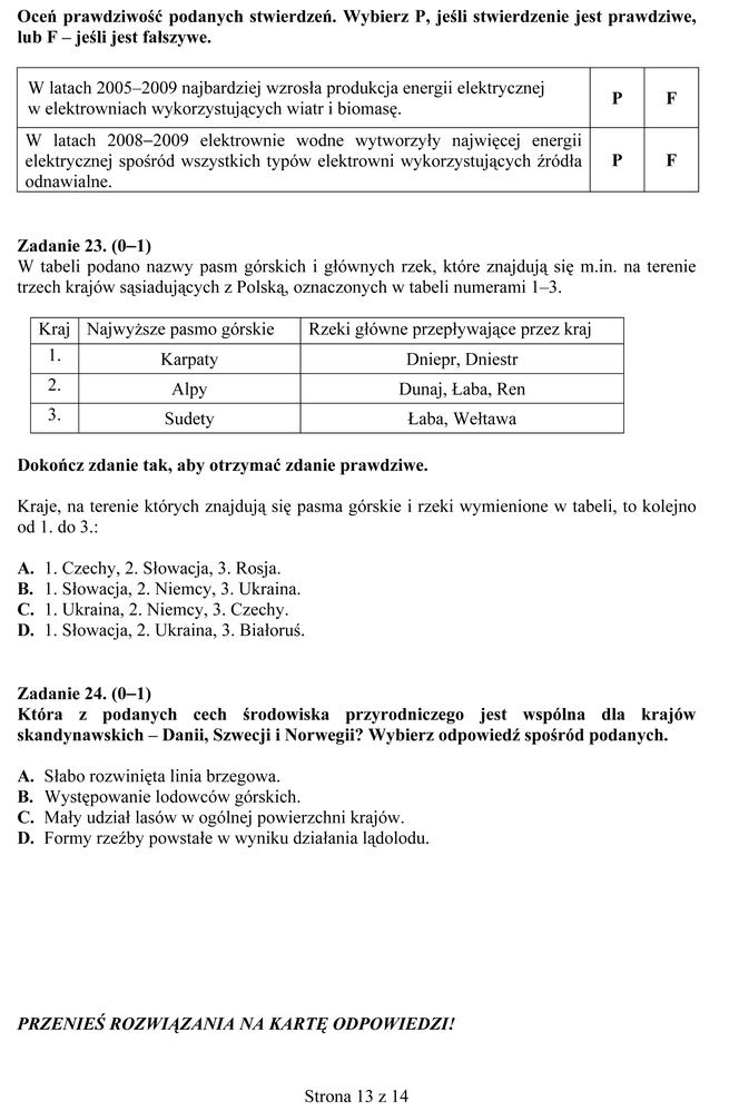 EGZAMIN GIMNAZJALNY 2013 PRZEDMIOTY PRZYRODNICZE - ARKUSZE, ODPOWIEDZI