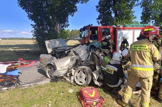 Wypadek pod Pabianicami. Mercedes rozpadł się na pół po uderzeniu w drzewo [ZDJĘCIA].