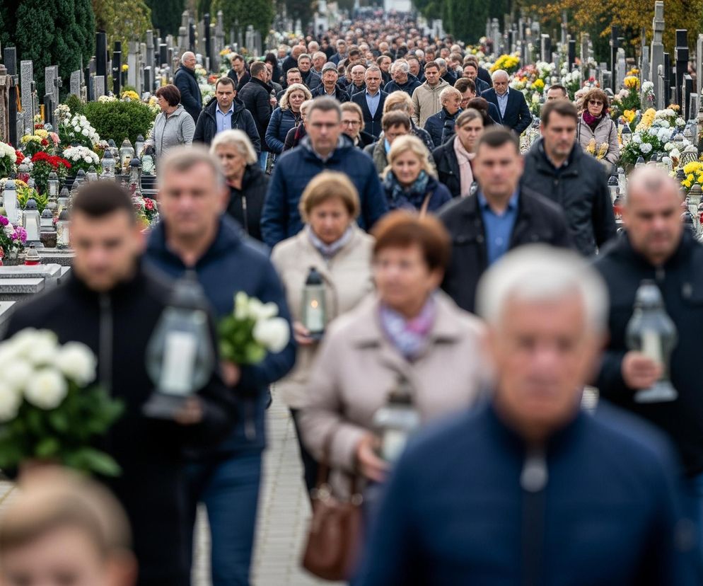 Długi, szeroki, brukowany pas biegnący centralnie przez cmentarz wypełniony jest dużą grupą ludzi idących w tym samym kierunku. Po obu stronach pasa, aż po horyzont, rozmieszczone są liczne nagrobki z szarego i czarnego kamienia, gęsto ozdobione kolorowymi kwiatami, takimi jak białe, żółte, czerwone i fioletowe chryzantemy, oraz zniczami o różnych kształtach i rozmiarach. Osoby na pierwszym planie, w tym mężczyzna w niebieskiej kurtce i kobieta z torebką, są rozmyte, podczas gdy dalej idący ludzie, głównie dorośli, są stopniowo ostrzejsi, niektórzy niosą znicze lub bukiety białych kwiatów.