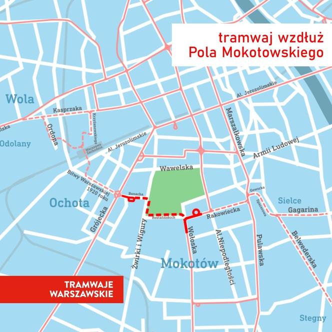 Mapa tramwaju przez Pole Mokotowskie w kontekście innych planowanych tras
