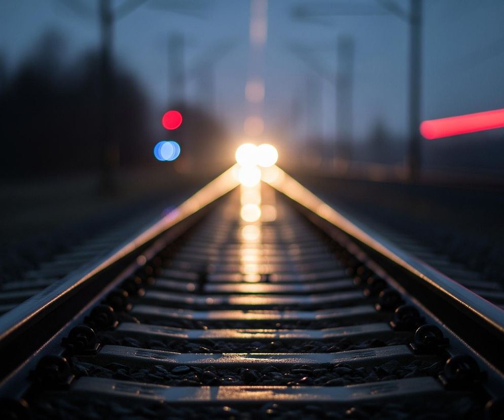 Tory kolejowe biegną centralnie przez obraz, zbiegając się w dali i tworząc perspektywę. Na pierwszym planie widoczne są szyny, podkłady i żwir, oświetlone złotym blaskiem, który rozciąga się w głąb torów. W tle, w oddali, wyraźnie widać intensywne, żółto-białe światło, prawdopodobnie reflektory nadjeżdżającego pociągu, otoczone efektem bokeh. Po lewej stronie, w tle, widoczne są rozmyte, czerwone i niebieskie światła, natomiast po prawej stronie horyzont przecina poziomy, rozmyty, czerwony pas światła. Całość otacza ciemne, rozmyte tło zarysów drzew i nieba w odcieniach ciemnego błękitu i czerni, co sugeruje noc lub bardzo późny wieczór.