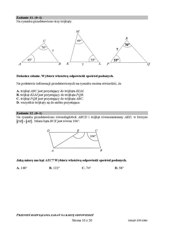 Egzamin ósmoklasisty 2019 - matematyka