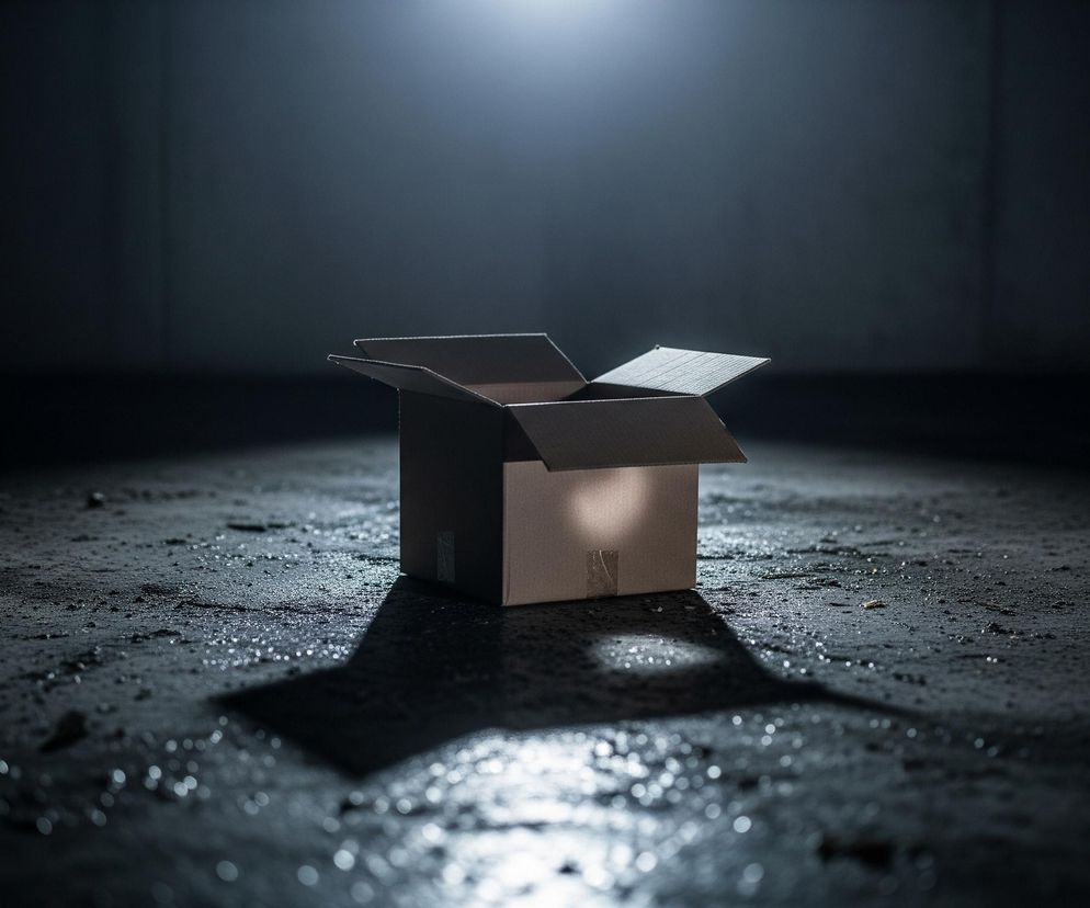 W centralnej części obrazu znajduje się otwarte kartonowe pudełko o jasnobrązowej barwie, skierowane frontem ku widzowi. Cztery klapki pudełka są uniesione, tworząc nieregularny otwór. Pudełko spoczywa na ciemnej, chropowatej powierzchni, która wydaje się być betonem, pokrytym licznymi drobnymi kroplami wody, odbijającymi światło. Z górnej części kadru, z lewej strony, pada silne, białe światło, oświetlające górną część ściany za pudełkiem oraz samo pudełko i fragment podłogi. Cień pudełka rozciąga się w prawą stronę, tworząc wyraźny kontrast z oświetlonymi partiami.