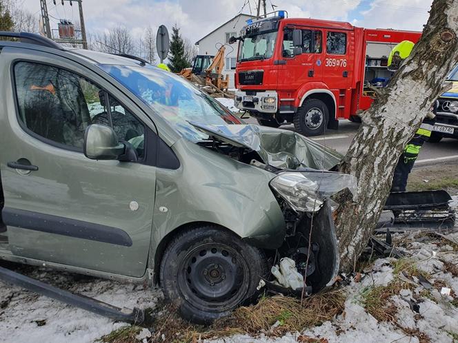 Kraksa pod Tarnowem. Wypadł z jezdni i rozbił peugeota o przydrożne drzewo