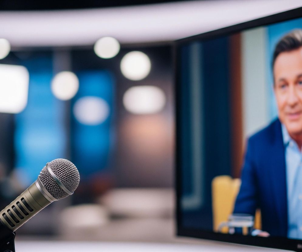 Na pierwszym planie, z lewej strony, widnieje mikrofon w kolorze khaki z metalową, siatkową główką. Jest on umieszczony na czarnym statywie. Prawy plan dominuje ekran telewizora, na którym wyświetlany jest niewyraźny wizerunek mężczyzny w ciemnoniebieskiej marynarce i jasnoniebieskiej koszuli. Mężczyzna siedzi na żółtym krześle, a za nim widać rozmyte tło, przypominające profesjonalne studio telewizyjne z elementami w kolorze niebieskim i brązowym. Tło za mikrofonem jest nieostre, ukazując rozmyte kształty i jasne punkty światła w odcieniach bieli i błękitu.