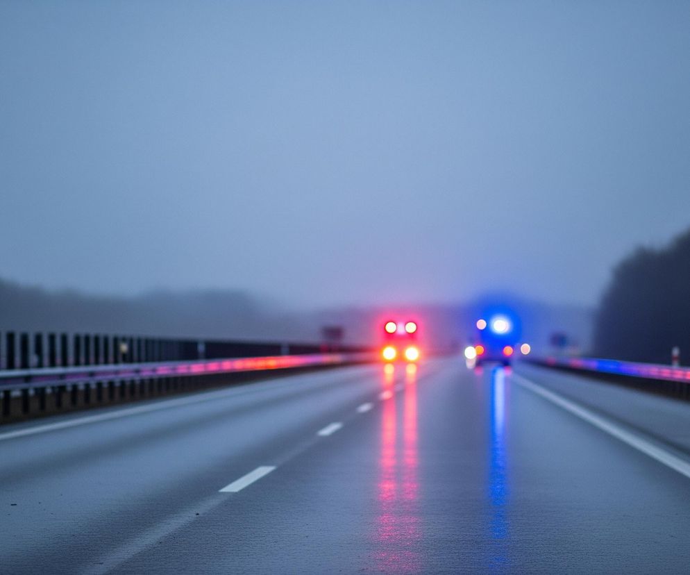 Droga o dwóch pasach w każdym kierunku zajmuje większą część kadru. Nawierzchnia jezdni jest mokra, odbijają się w niej światła trzech pojazdów widocznych w oddali. Na lewym pasie, w głębi, znajdują się dwa samochody z włączonymi czerwonymi tylnymi światłami, tworzącymi cztery wyraźne punkty i ich smugi odbite na mokrej nawierzchni. Na prawym pasie widoczny jest jeden pojazd z niebieskimi światłami awaryjnymi, również tworzącymi smugi odbite na jezdni. Po obu stronach drogi biegną barierki ochronne, a za nimi ciemne sylwetki drzew na tle zamglonego, jasnoniebieskiego nieba.