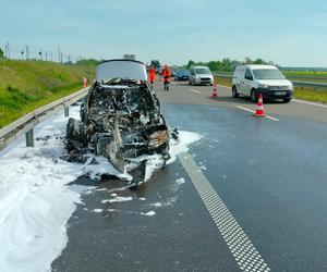 Pożar auta na S5 koło Leszna. Prawie nic z niego nie zostało