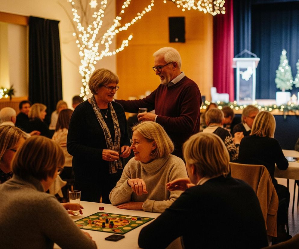 Wnętrze sali o ciepłym, przyciemnionym oświetleniu, wypełnionej ludźmi w różnym wieku, siedzącymi przy stołach lub stojącymi i rozmawiającymi. W tle widoczny jest mały, oświetlony sceniczny obszar z ciemnymi zasłonami, gdzie ustawiono kilka małych choinek w białych doniczkach oraz puste, drewniane krzesło. W centralnej części obrazu dominują dwie kobiety i mężczyzna, stojący i wymieniający uśmiechy, a za nimi rozciąga się dekoracja z białych światełek, przypominająca rozłożyste drzewo. Na pierwszym planie, przy stole, dwie kobiety grają w grę planszową.
