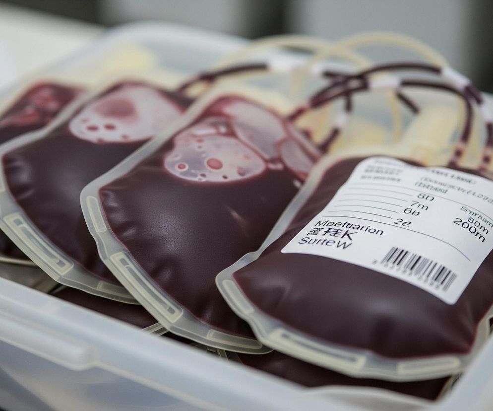 Widoczne są cztery torebki wypełnione ciemnoczerwoną cieczą, przypominającą krew, ułożone w przezroczystym, prostokątnym pojemniku. Każda torebka ma przyczepioną białą etykietę z nadrukowanymi informacjami tekstowymi i kodem kreskowym, a także przezroczyste wężyki wychodzące z górnej części. Niektóre torebki zawierają widoczne pęcherzyki powietrza na powierzchni cieczy. Tło jest rozmyte, utrzymane w jasnych, neutralnych odcieniach.