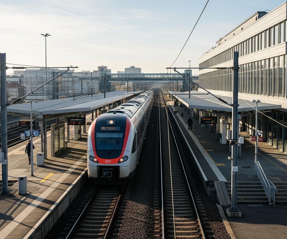Na pierwszym planie, centralnie, widać pociąg ekspresowy koloru białego z czerwonymi akcentami, stojący na torach stacji kolejowej. Po obu stronach torów biegną perony z szarymi, zadaszonymi konstrukcjami wspartymi na słupach. Na prawym peronie stoi nowoczesny budynek o szklanych elewacjach, odbijających błękitne niebo i fragmenty otoczenia, a na lewym wznosi się starszy, ceglany budynek. W tle rozciąga się miejski krajobraz z budynkami i linią horyzontu pod jasnym, częściowo zachmurzonym niebem.