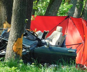 Tragiczny początek majówki na Mazowszu. Nie żyją dwie osoby. Jaguar uderzył w drzewo 