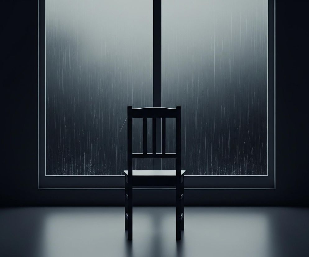 Na środku kadru stoi pojedyncze, ciemne krzesło o prostej konstrukcji, zwrócone oparciem w stronę widza. Za krzesłem znajduje się duże okno, przez które widać smugi deszczu spływające po szybie, a za nim rozmyte, jasnoszare tło. Pomieszczenie wokół krzesła jest ciemne, utrzymane w odcieniach grafitu i czerni, z delikatnymi refleksami światła na podłodze.