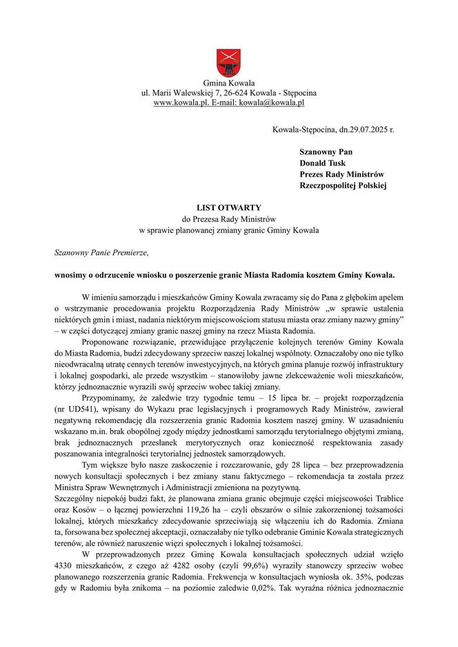 List otwarty wójta Wiesława Pachniewskiego do Prezesa Rady Ministrów
