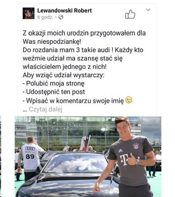 Robert Lewandowski rozdaje samochody na Facebooku. Czy to prawda?