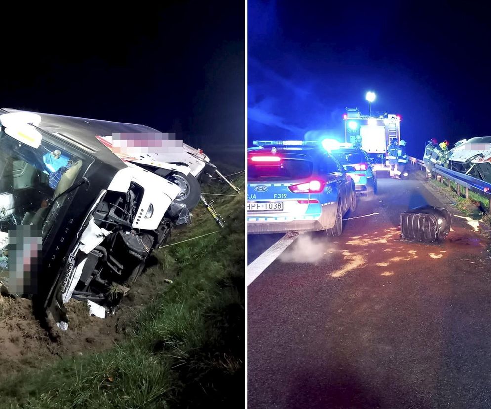 Nocny wypadek autobusu pod Łowiczem. Kilka osób w szpitalu. Pojazd wylądował w rowie [ZDJĘCIA].