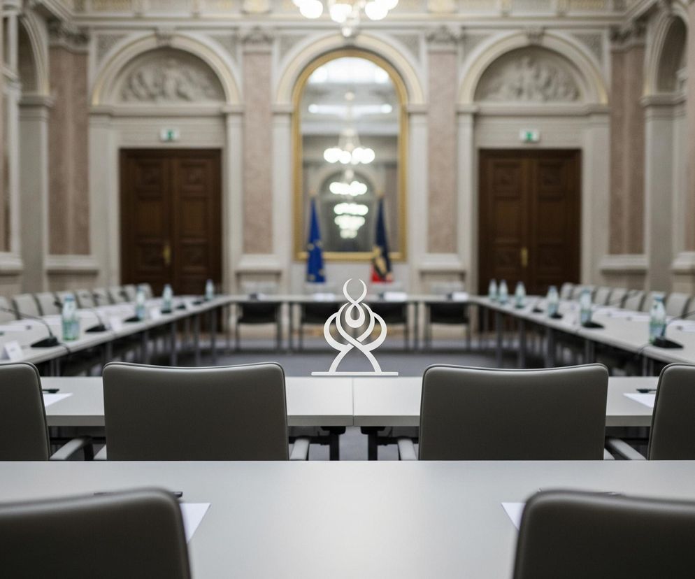 Centralnie, na białym, prostokątnym stole, stoi biała rzeźba o abstrakcyjnym, symetrycznym kształcie, przypominająca stylizowane, połączone figury. Stół jest częścią większego, prostokątnego układu stołów, wokół których rozmieszczone są liczne krzesła z ciemnoszarymi oparciami. Na stołach widać mikrofony na czarnych podstawkach, małe butelki z wodą i szklanki.

W tle, za stołem, rozpościera się eleganckie wnętrze sali z wysokimi kolumnami o beżowo-brązowej barwie, zdobionymi złotymi elementami. Na ścianach widać łukowate nisze z rzeźbionymi reliefami oraz ciemne, drewniane drzwi. Pośrodku ściany, za rzeźbą, znajduje się duże, owalne lustro w złotej ramie, odbijające fragmenty wnętrza, w tym niebieską flagę z gwiazdami, przypominającą flagę Unii Europejskiej, oraz żyrandole.