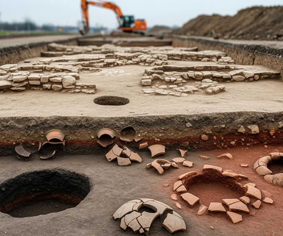 Wykopaliska archeologiczne, ukazujące odkryte struktury i artefakty w ziemi. Na pierwszym planie, w dolnej części wykopu, widoczne są fragmenty potłuczonej glinianej ceramiki, w tym naczynia ułożone w okrągły kształt, oraz duży okrągły otwór w ciemnobrązowej ziemi. Wyżej, w jaśniejszej, beżowej warstwie ziemi, znajdują się pozostałości kamiennych murów lub fundamentów, ułożonych w nieregularne wzory, oraz mniejsze okrągłe doły. W tle, rozmyty pomarańczowy koparka stoi na poziomie gruntu, a za nią widać zwał ziemi i zarys drzew oraz zielonego pola pod szarym niebem.