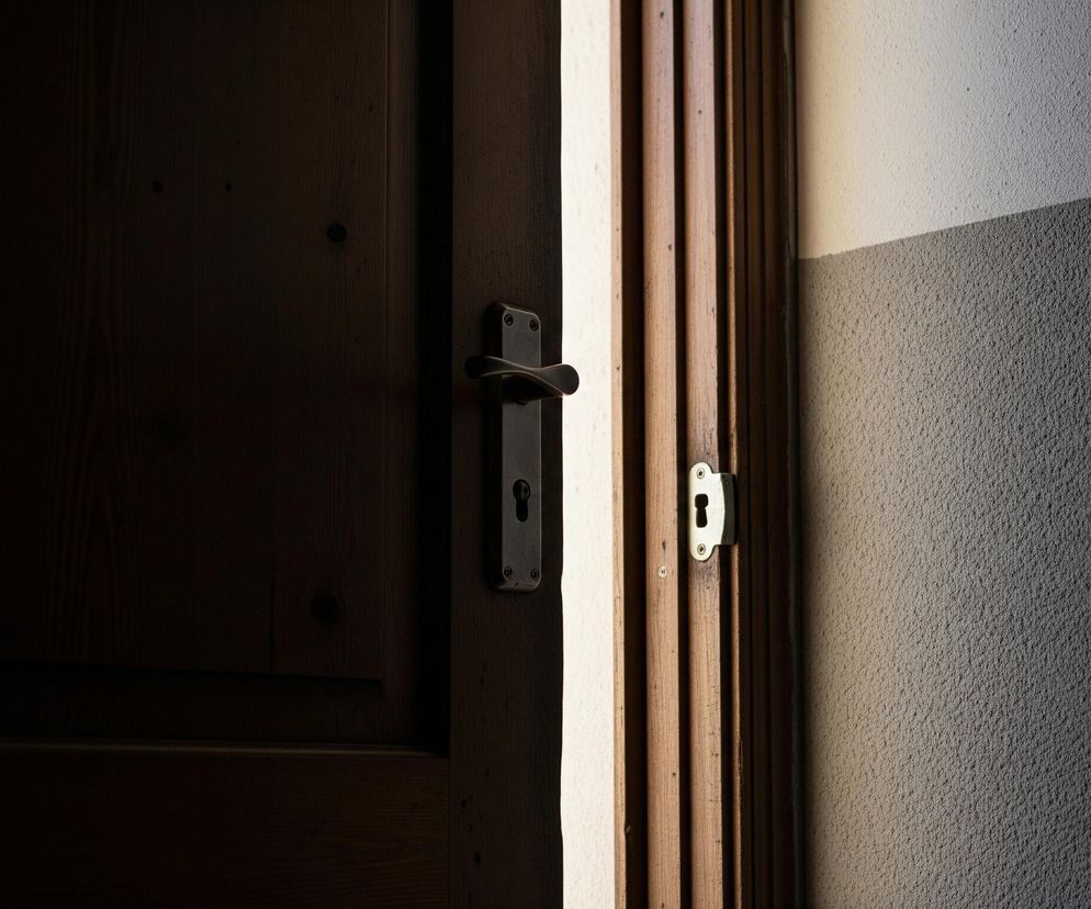 Wąski korytarz ukazuje uchylone, drewniane drzwi, przez które wpada jasne światło. Lewa część kadru to ciemne, brązowe skrzydło drzwi z metalową klamką i okrągłym szyldem. Prawa strona ukazuje beżową ścianę z wyraźną teksturą, częściowo oświetloną, a częściowo zacienioną, z metalową osłoną zamka.