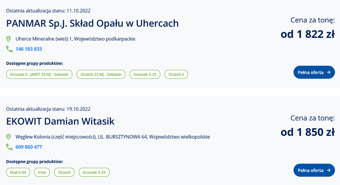 Ceny węgla ze strony cieplo.gov.pl