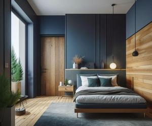 Granatowe ściany i drewno w sypialni