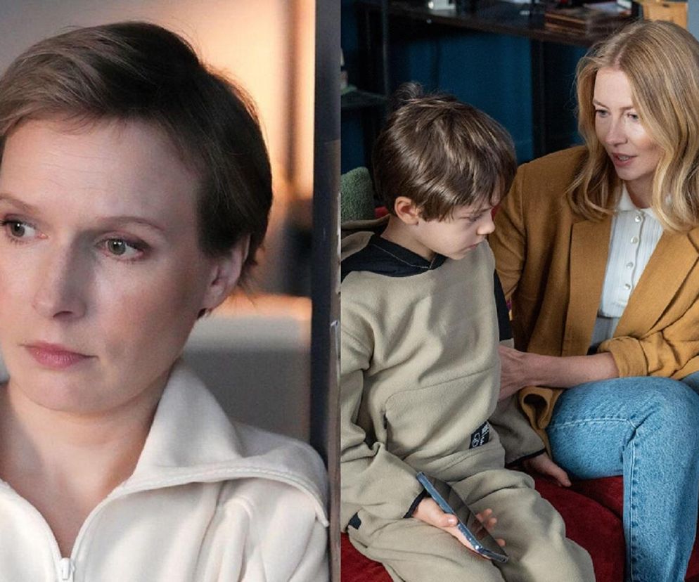 Kolaż zdjęć. Po lewej zbliżenie na Dominikę (Karolina Chapko) z serialu Barwy szczęścia w jasnej bluzie. Po prawej Dominika w musztardowej marynarce siedząca obok Mateuszka (Filip Kowalewicz) w beżowym dresie, trzymającego smartfon. Oboje wyglądają na zmartwionych, czytając artykuł na Super Seriale.