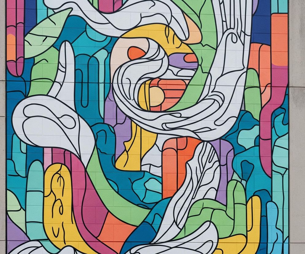 Duża ściana budynku pokryta jest abstrakcyjnym muralem z żywymi kolorami i białymi, obrysowanymi czarnymi liniami, wijącymi się kształtami. Obok muralu, po lewej stronie, widoczne są fragmenty beżowej fasady innego budynku z dwoma oknami, posiadającymi białe ramy i pionowe żaluzje. Po prawej stronie muralu również znajduje się fragment beżowej ściany, gładkiej i nieozdobionej. Całość tworzy kontrast między szarymi, funkcjonalnymi elementami architektonicznymi a dynamicznym, kolorowym dziełem sztuki.