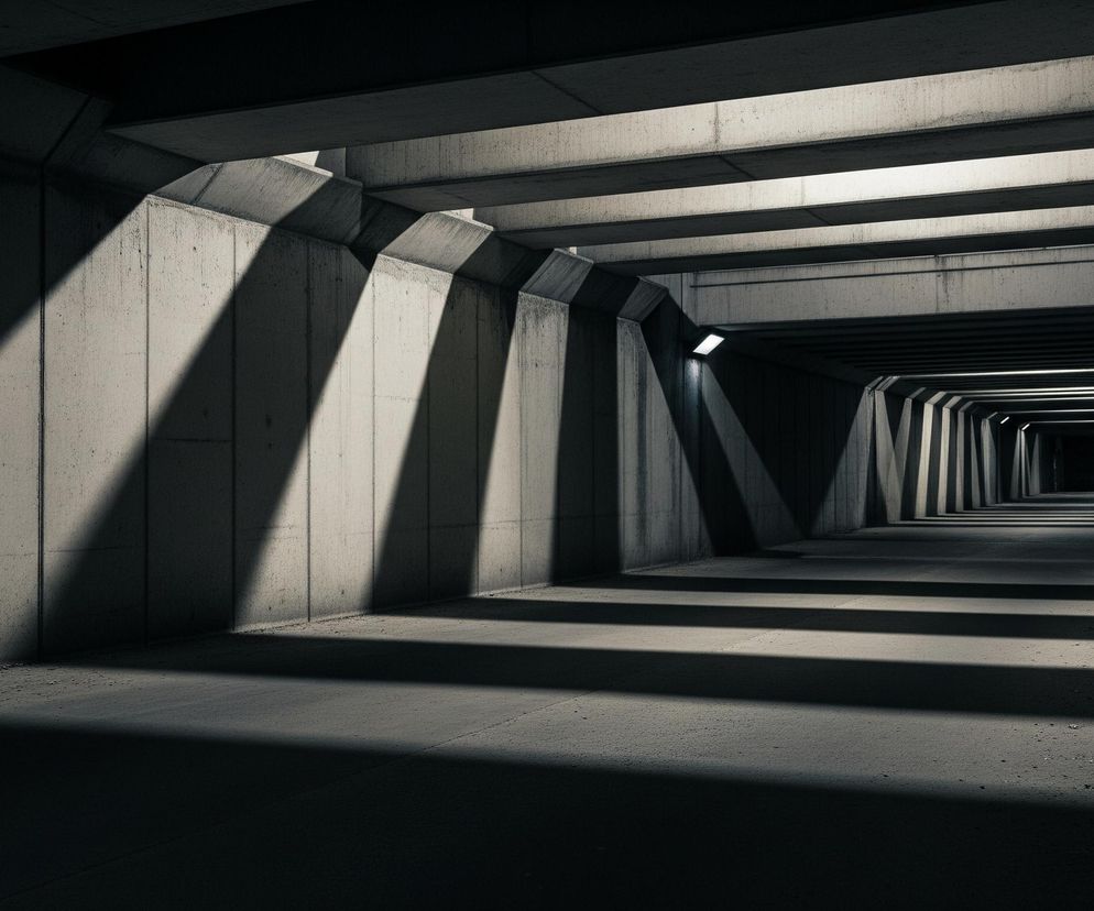 Długi, betonowy tunel rozciąga się w głąb, tworząc perspektywę zbiegającą się w ciemności. Ściany i sufit tunelu zbudowane są z surowego, szarego betonu, z widocznymi poziomymi i pionowymi belkami konstrukcyjnymi. Z lewej strony do wnętrza wpadają ukośne promienie słońca, tworzące jasne pasy na ścianach i podłodze, przeplatane głębokimi cieniami. Na suficie, po prawej stronie, widać kilka prostokątnych opraw oświetleniowych, z których niektóre emitują delikatne, białe światło. Podłoga jest nierówna, pokryta drobnymi kamykami i kurzem.