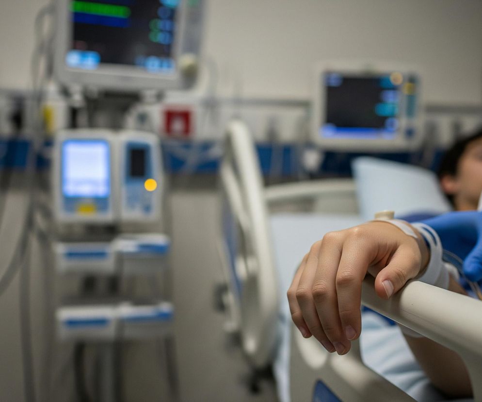 Na pierwszym planie widoczna jest prawa ręka osoby leżącej w łóżku, spoczywająca na białej poręczy. Na jej nadgarstku znajduje się biały pasek. Z prawej strony obrazu widoczna jest część ręki innej osoby, ubranej w biały rękaw i niebieską rękawiczkę, delikatnie dotykająca ręki leżącej osoby. W tle, po lewej stronie, znajdują się rozmazane medyczne urządzenia z podświetlonymi ekranami, ukazującymi cyfrowe wskaźniki w odcieniach zieleni i błękitu, oraz fragmenty aparatury podtrzymującej życie. Widoczne jest również łóżko szpitalne z niebieską pościelą, na którym leży pacjent w niebieskiej koszulce.