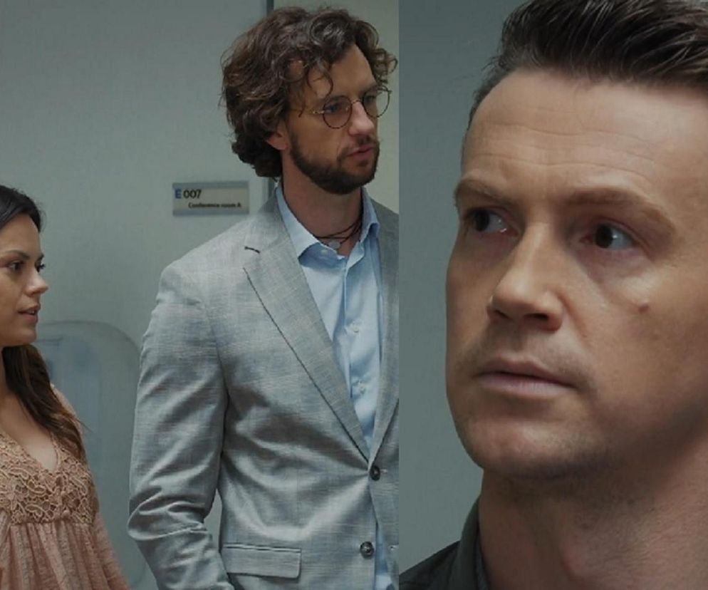 Paulina Lasota (Kasia) i Mateusz Mosiewicz (Mariusz) stoją obok siebie, a Krzysztof Kwiatkowski (Jakub) spogląda w prawą stronę. To kluczowa scena z serialu M jak miłość, gdzie Mariusz wtrąca się w rozmowę Jakuba i Kasi. Więcej o ich losach na stronie Super Seriale.