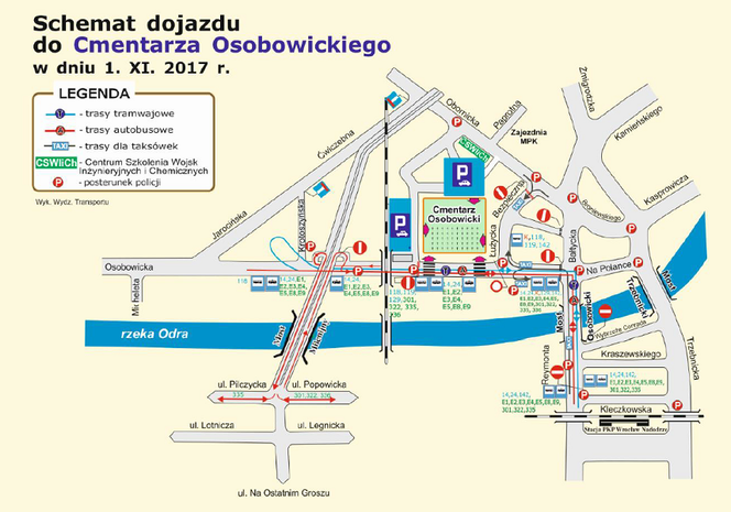 Schemat dojazdu komunikacją miejską do Cmentarza Osobowickiego