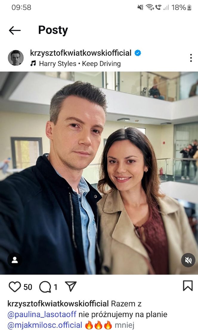 M jak miłość nowy sezon. Kasia (Paulina Lasota), Jakub Karski (Krzysztof Kwiatkowski) na planie