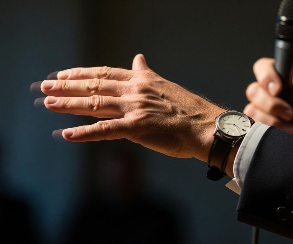 Na zdjęciu zbliżenie na męską dłoń i przedramię w ciemnym garniturze, podczas gdy prawa dłoń trzyma czarny mikrofon. Lewa dłoń jest wyciągnięta do przodu, z otwartą dłonią i rozpostartymi palcami, a na nadgarstku widać srebrny zegarek z białą tarczą i czarnym paskiem. Tło jest ciemne i rozmyte, z niewyraźnymi sylwetkami ludzi.