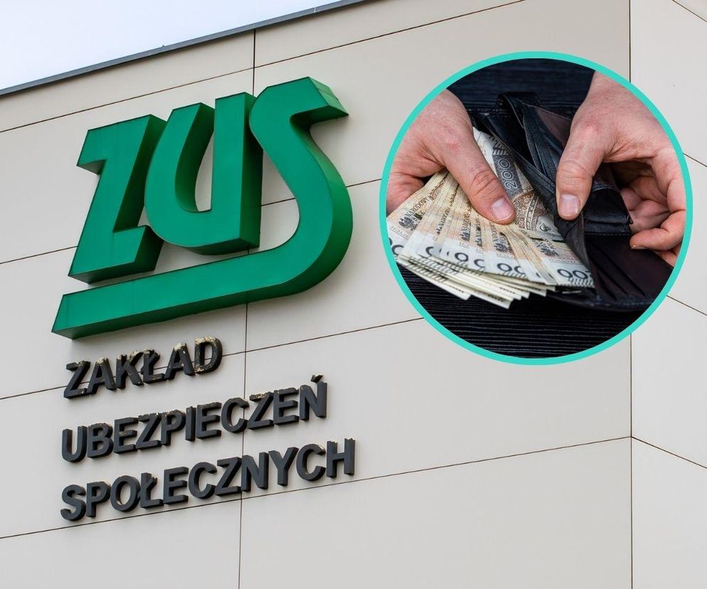 Zielone logo ZUS na białej elewacji budynku Zakładu Ubezpieczeń Społecznych oraz w okręgu ręce trzymające plik banknotów, wysuwane z portfela. Symbolika dotyczy świadczeń wyjątkowych od ZUS i premiera, o których można przeczytać na Poradnik Zdrowie.